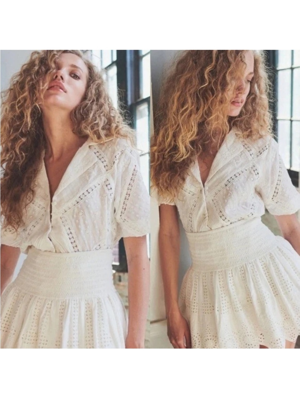 HEMANT & NANDITA Ruby Ivory Eyelet Button-Down Blouse